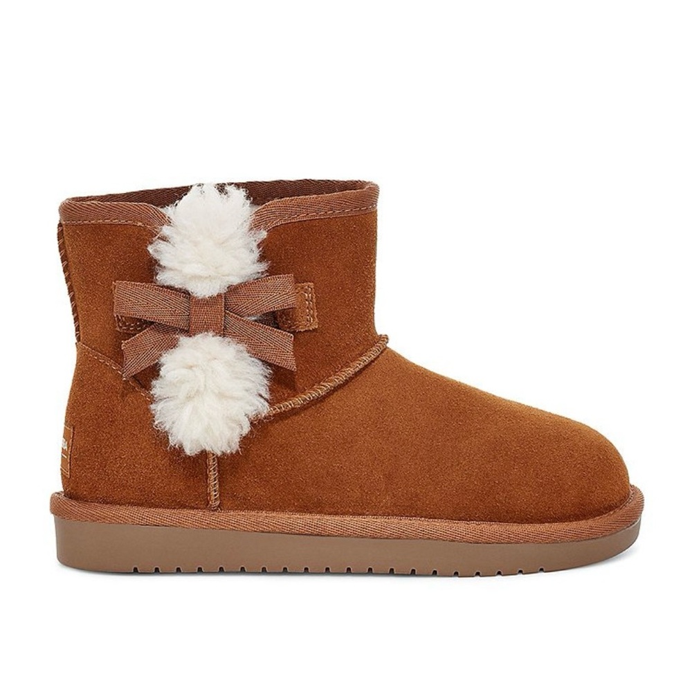 Koolaburra Victoria Mini Chestnut Suede Boots with Bow and Pom Pom